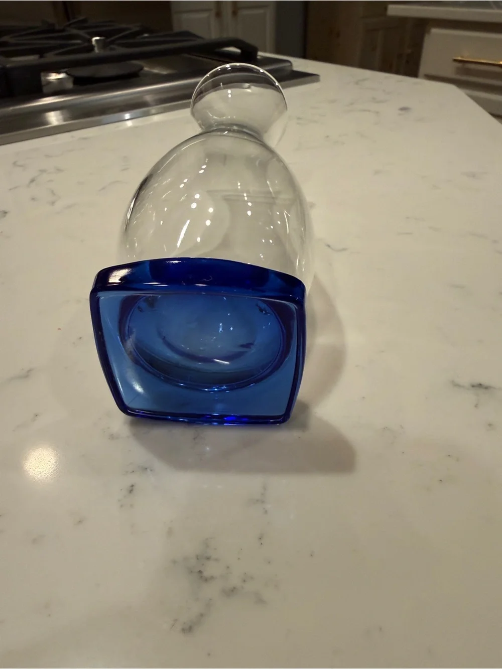 Clear Art Glass Bud Vase Cobalt Blue Square Base Flared Rim 7”